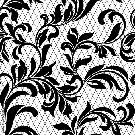 Lace black seamless pattern with flowers on white background. Lace floral background for your ...