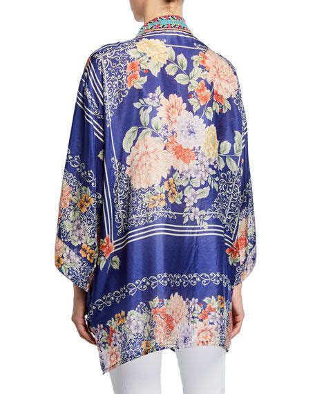 Johnny Was Blati Printed Silk Shorter Kimono With Embroidered Trim