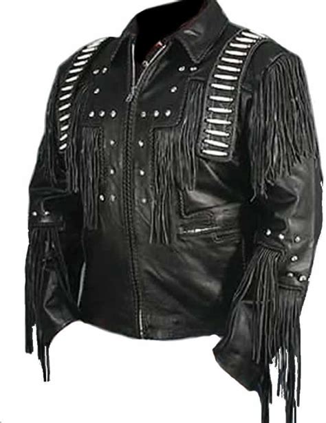 SRHides Men S Cowboy Real Leather Jacket Bones Fringed At Amazon Men