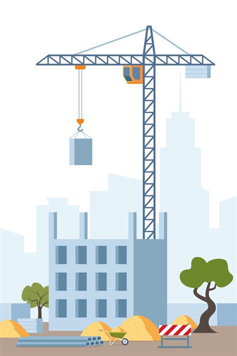 Building work process with houses and tower crane. City landscape on