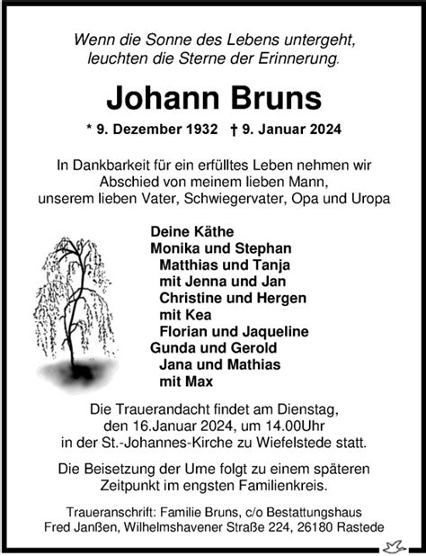 Traueranzeigen Von Johann Bruns Nordwest Trauer De