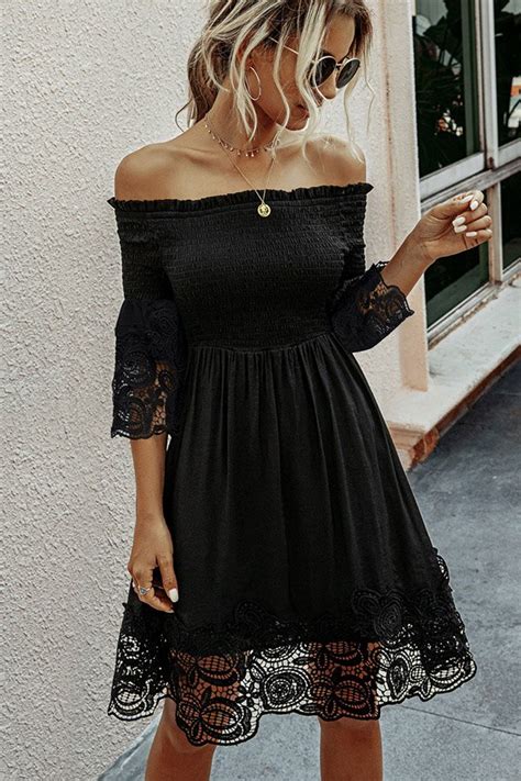 Black Lace Off The Shoulder Dress With Short Sleeve