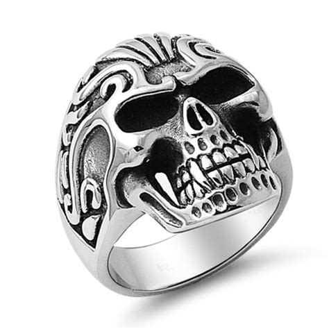 Stainless Steel Tribal Head Fang Skull Ring Badass Jewelry