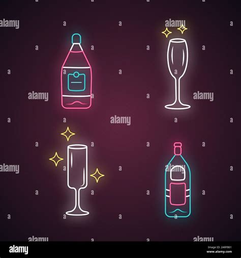 Alcohol Drink Glassware Neon Light Icons Set Glowing Signs Wine Service Empty Crystal Glasses