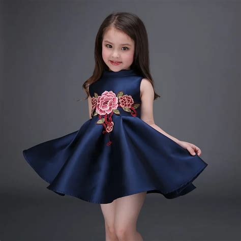 Embroidered Flower Girls Dress Cotton Princess Navy Blue Casual Ball