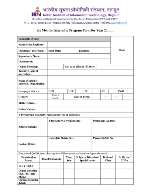 Fillable Online Iiitn Ac Six Months Internship Program Form For Year