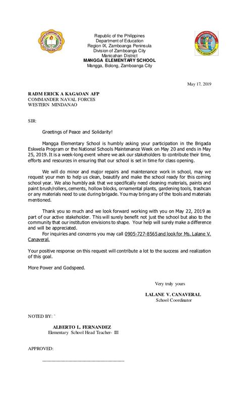 Sample Brigada Eskwela Letter