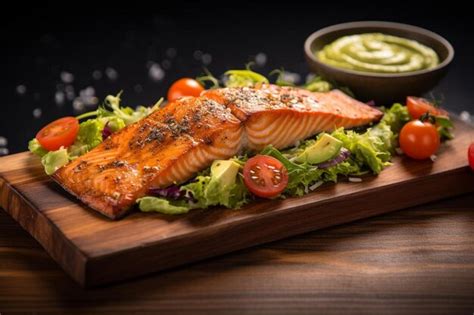 Premium Ai Image A Wooden Cutting Board Topped With Salmon And Vegetables