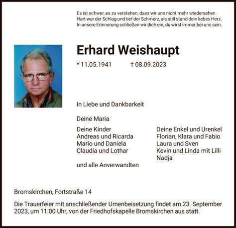 Traueranzeigen Von Erhard Weishaupt Trauer HNA De