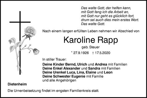 Traueranzeigen Von Karoline Rapp S Dwest Presse Trauer