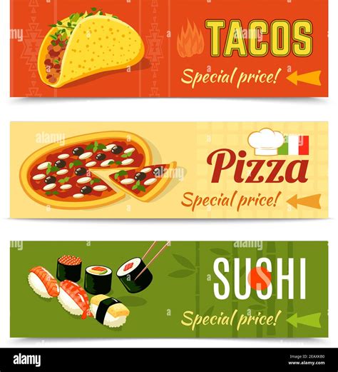 Food Delivery Horizontal Banner Set With Tacos Pizza Sushi Isolated