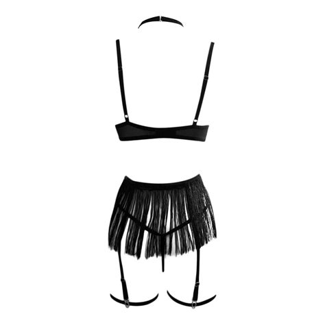 Women Sexy Lingerie Set Sheer Mesh Bra With Fringe Trim Exotic