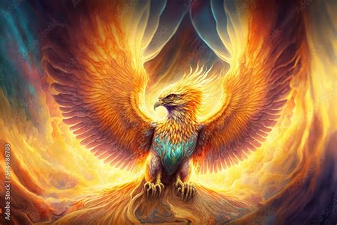 Powerful Epic Legendary Phoenix Spreading Glowing Wing In Universe