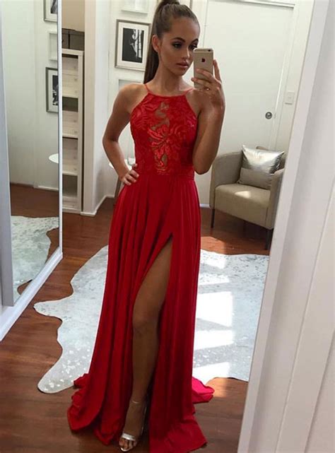 Unique Prom Gown A Line Halter Prom Dress Sexy Split Front Evening