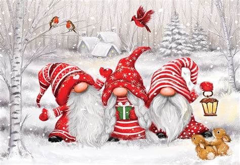 Three Gnomes Winter Birds Snow Christmas Painting Hd Wallpaper