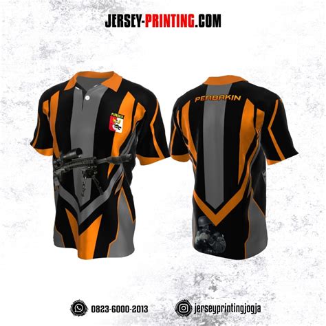 Baju Kaos Jersey Menembak Perbakin Kerah Polo Hitam Corak Abu Abu Orange Jersey Printing