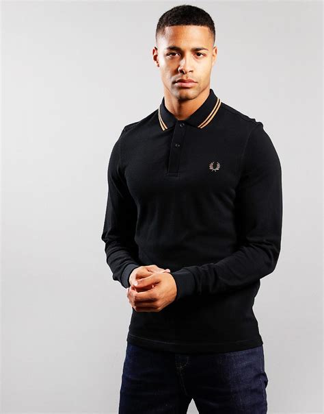 Fred Perry Twin Tipped Long Sleeve Polo Shirt Black/Shaded Stone ...