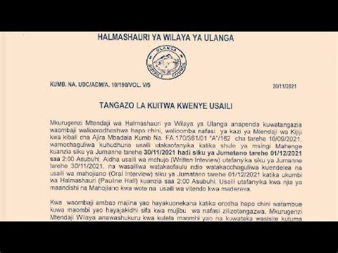 TANGAZO LA KUITWA KWENYE USAILI HALMASHAURI YA WILAYA ULANGA Ajira Mpya