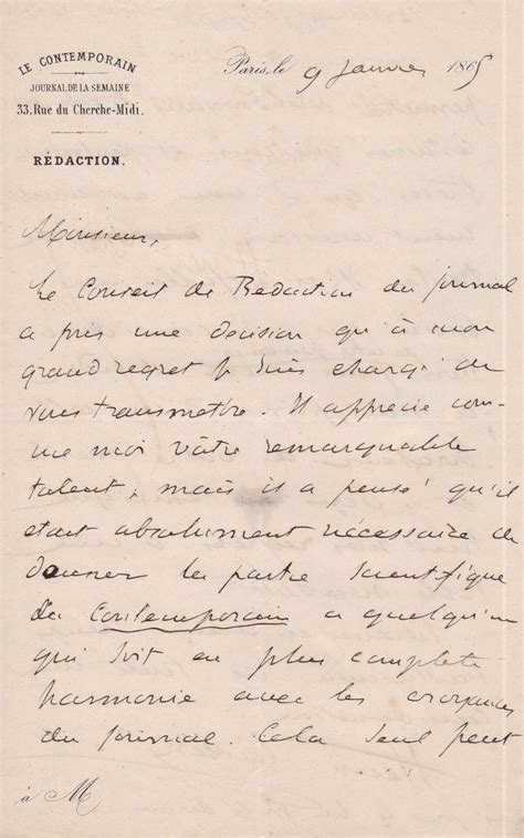 Lettre autographe signée à Arthur Mangin by Henri Lasserre 1828 1900