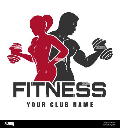 Fitness Club Emblem Or Logo Design Training Man And Woman Silhouettes With Dumbbell Vector