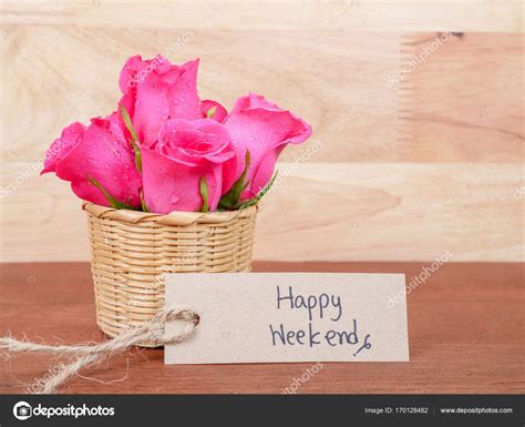 Handwriting Happy Weekend and pink rose flower 4 — Stock Photo ...