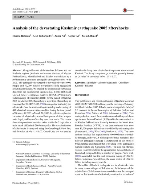 (PDF) Analysis of the devastating Kashmir earthquake 2005 aftershocks