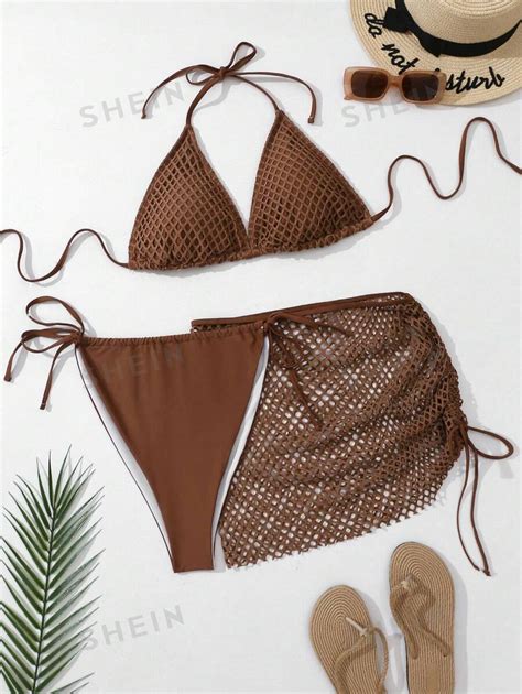 Shein Slayr Summer Beach Plus Halter Triangle Bikini Set With Beach