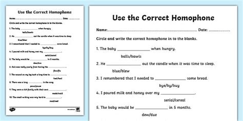 Homophone Worksheets