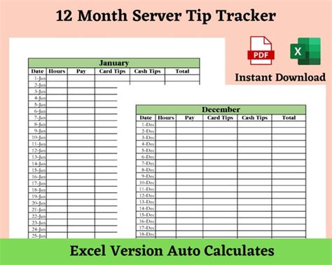 Server Tip Tracker Tip Tracker Template Printable Tip Etsy