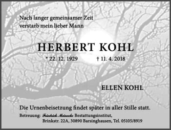 Traueranzeigen Von Herbert Kohl Trauer Anzeigen De