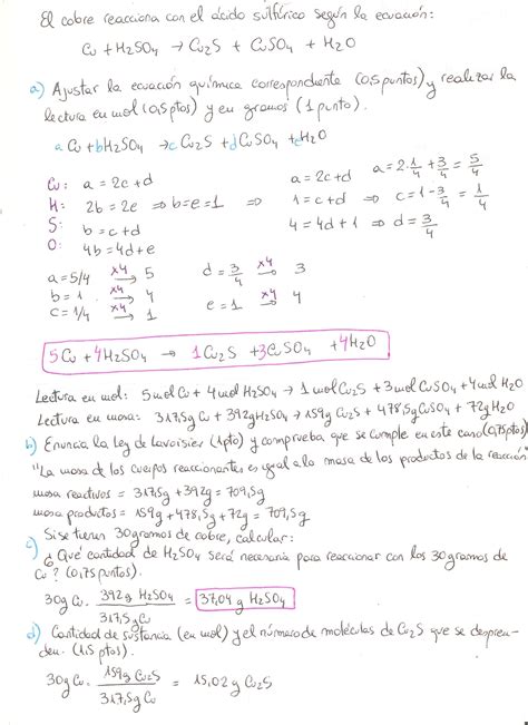 Ejercicio Resuelto De Reacciones Químicas Estequiometría Nivel Tercero Cuarto Eso Cálculos