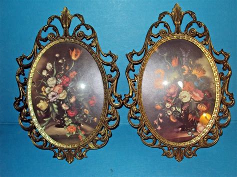 2 Vintage Ornate Brass Convex Bubble Glass Picture Frames Flowers Italy