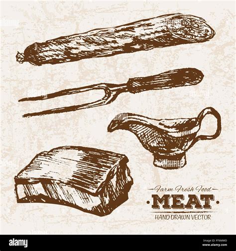 Hand Drawn Sketch Pork Meat Products Set Farm Fresh Food Black And