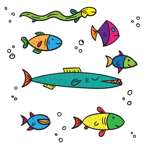 Sistema De Diversos Pescados Coloreados En Un Fondo Azul Ilustraci N