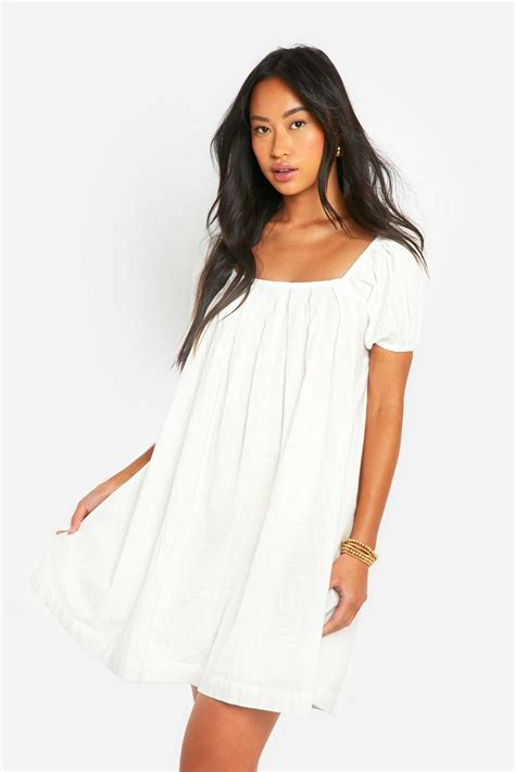 Cotton Blend Puff Sleeve Smock Dress Boohoo Uk