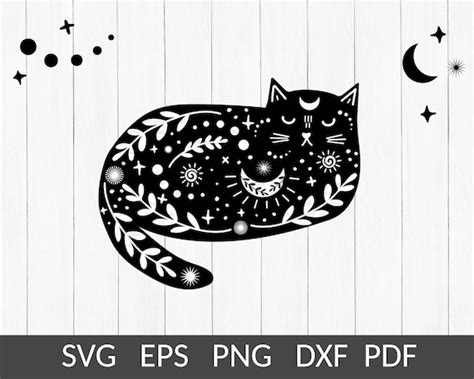 Celestial Cat Svg Moon Cat In Boho Style Png Mystical Black Etsy