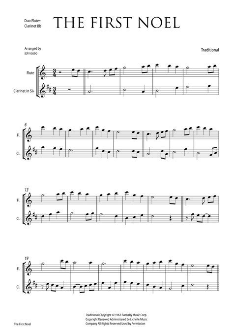 The First Noel Duet Flute And Clarinet In Bb Arr John Joao By Traditional Sheet Music For