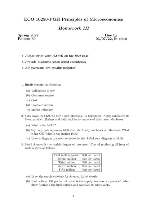 Homework Eco Pgh Principles Of Microeconomics Homework Iii