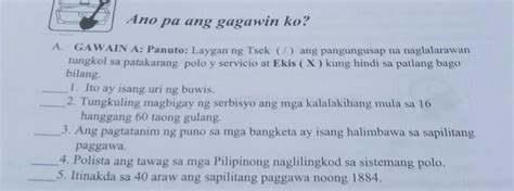 Ano Pa Ang Gagawin Ko A GAWAIN A Panuto Laygan Ng Tsek Ang