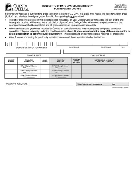 Fillable Online Repeat Update Gpa Web Version Pub Cuesta College Fax