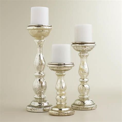 Amalie Silver Mercury Glass Pillar Candle Holders Silver Pillar