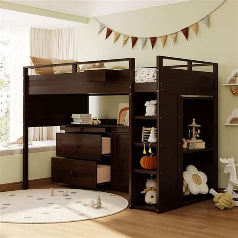 Harper Bright Designs Espresso Multifunctional Twin Size Wood Loft