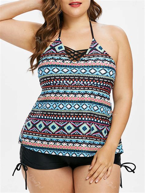 [48 Off] Plus Size Geometric Halter Tankini Set Rosegal