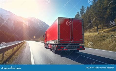 Truck On Highway Road With Red Container Generative Ai Stock