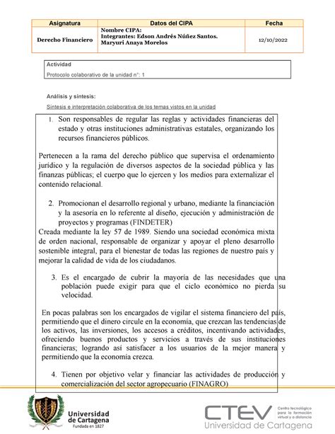 Protocolo Colaborativo 1 Asignatura Datos Del CIPA Fecha Derecho