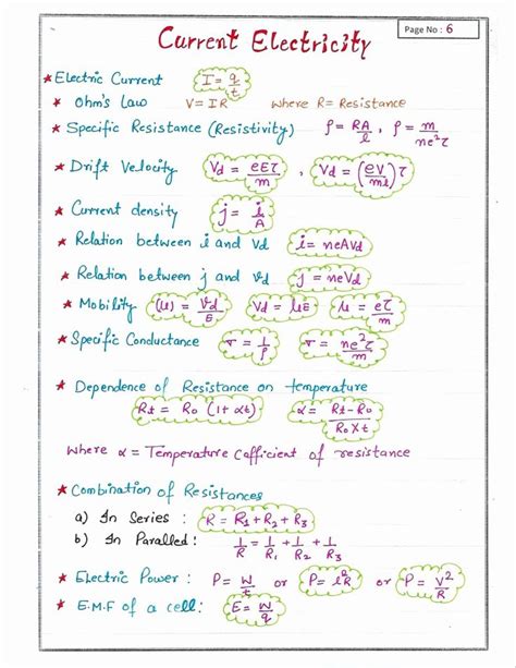 Current Electricity Formula Sheet