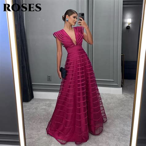 Roses Vestidos Formales Fucsia Para Mujer Ropa De Noche Plisada Cuello