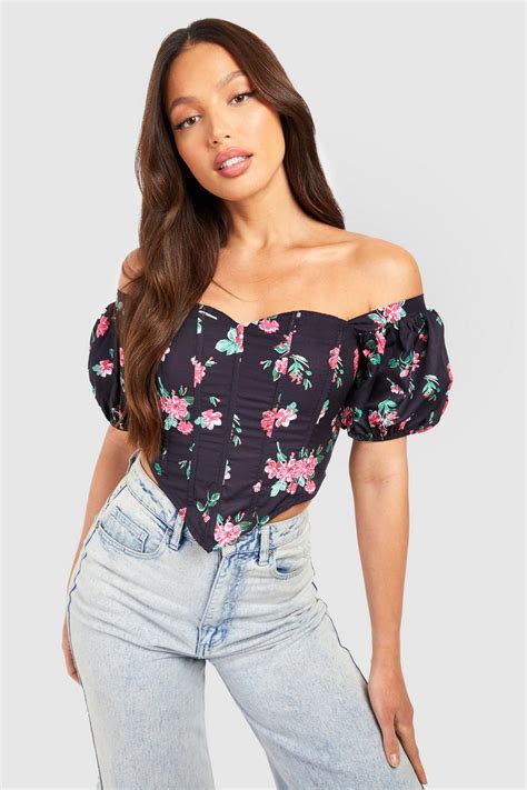 Tall Woven Boned Bardot Floral Corset Top Boohoo