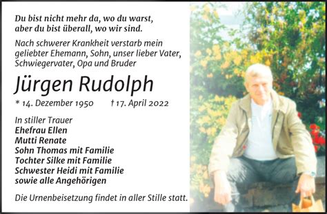 Traueranzeigen von Jürgen Rudolph abschied nehmen de