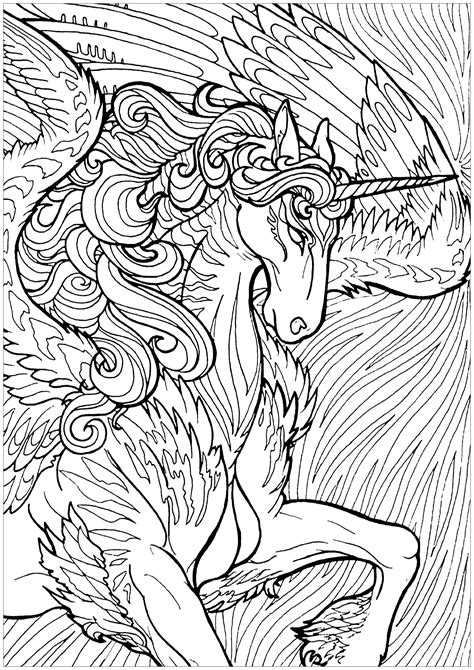 Unicorn With Wings And Background Unicorn Coloring Pages For Adults